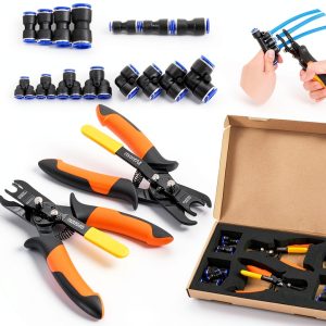 Push to Connect Fittings Air Line Disconnect Tool Kit Push Fitting Removal Tool for 1/4”, 5/16”, 3/8”, 1/2” (6mm, 8mm,10mm,12mm) Quick Connect Release Pliers with 15 Pcs Pneumatic Fittings-0