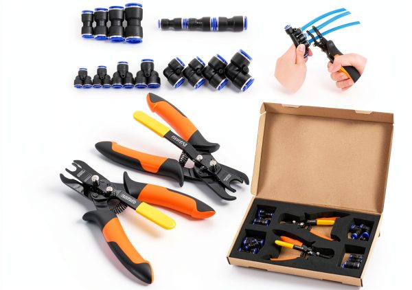 Push to Connect Fittings Air Line Disconnect Tool Kit Push Fitting Removal Tool for 1/4”, 5/16”, 3/8”, 1/2” (6mm, 8mm,10mm,12mm) Quick Connect Release Pliers with 15 Pcs Pneumatic Fittings-0