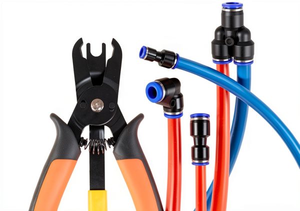 Push to Connect Fittings Air Line Disconnect Tool Kit Push Fitting Removal Tool for 1/4”, 5/16”, 3/8”, 1/2” (6mm, 8mm,10mm,12mm) Quick Connect Release Pliers with 15 Pcs Pneumatic Fittings-1